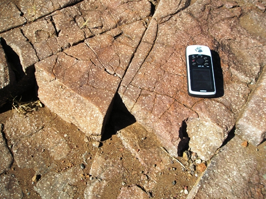 The Bingy Bingy basalt member. Note the characteristic spotty appearance due to clots of plagioclase crystals, making this member relatively easy to identify in the field. Photo Lena Z. Evins